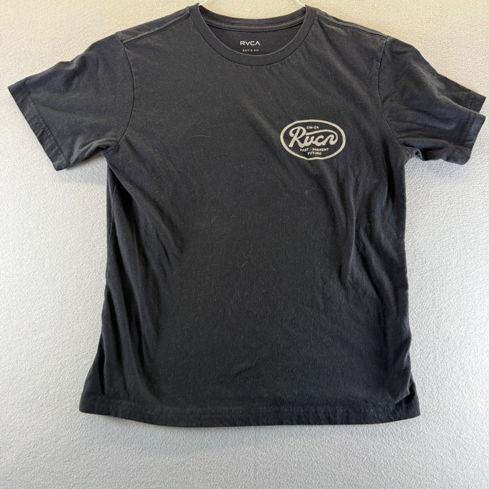 RVCA Boys Fit Black Graphic T-Shirt Large Past Present Future Cotton Tee